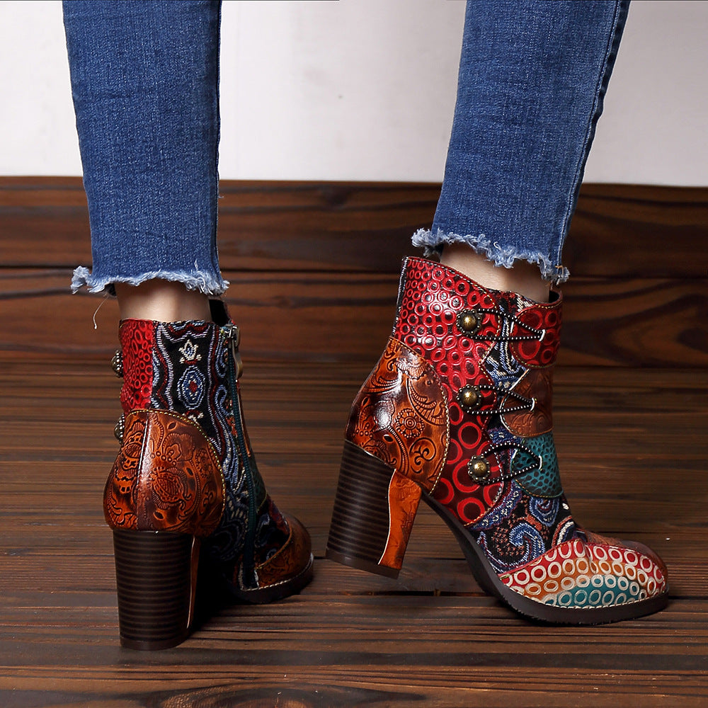 Timeless Leather Stitching Jacquard Craft Boots