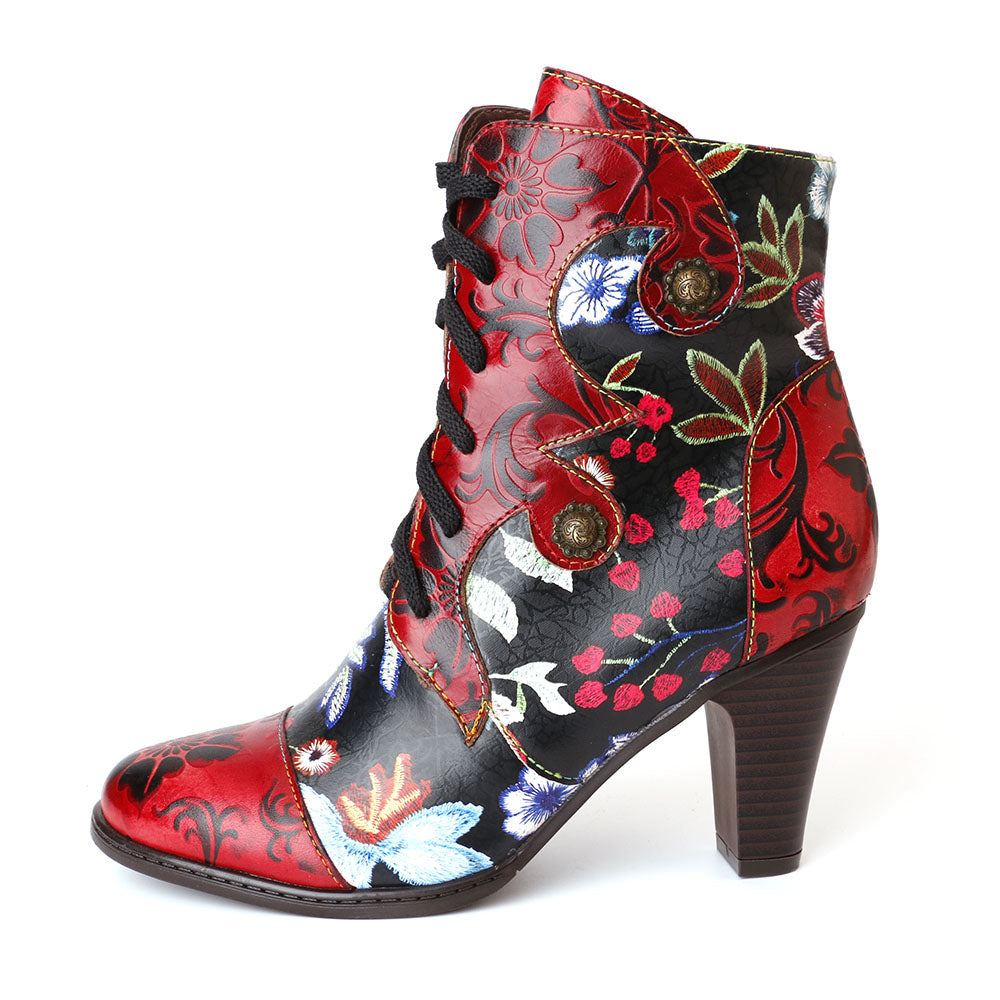 Leather Hand Embossed Adjustable High Heel Boots