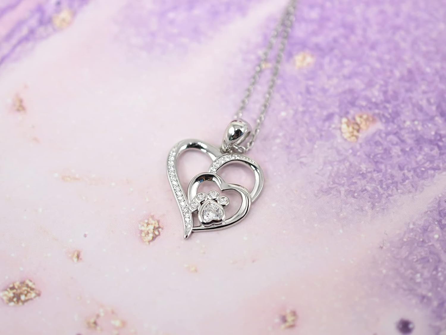 Silver Paw & Heart Necklace with Zirconia