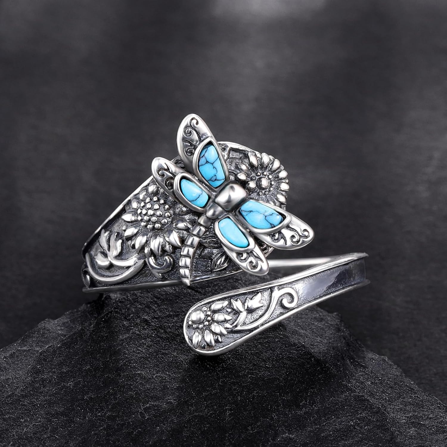 Silver Turquoise Spoon Ring – Boho Wrap Ring with Dragonfly