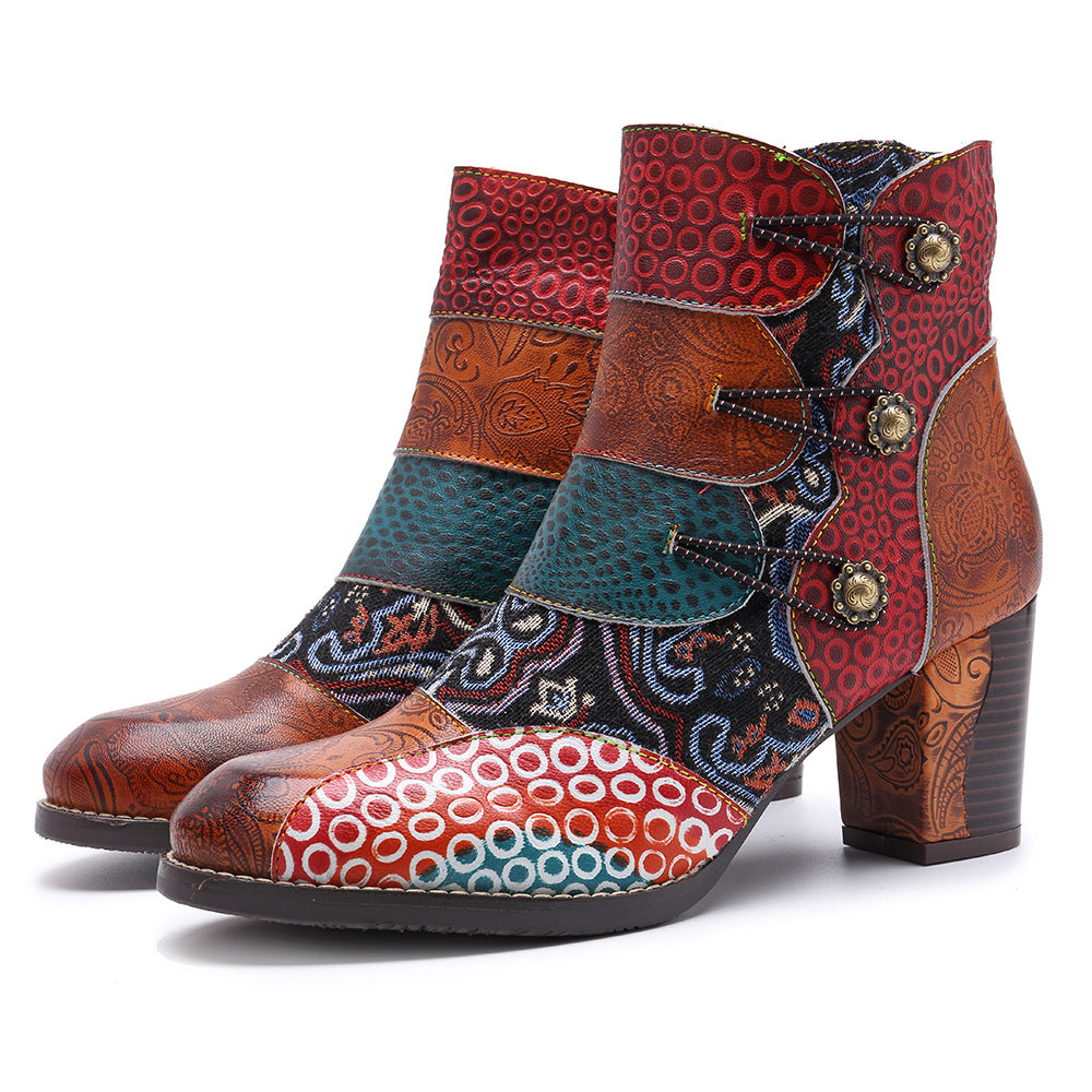 Timeless Leather Stitching Jacquard Craft Boots