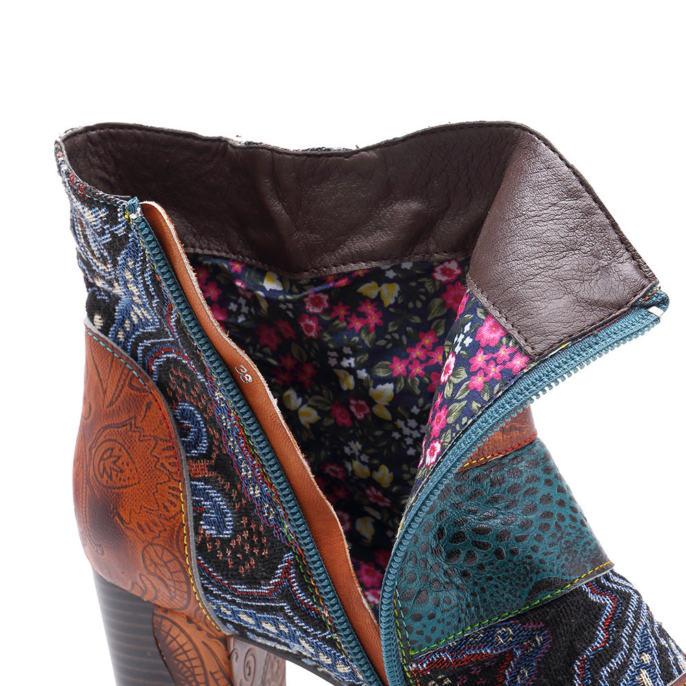 Timeless Leather Stitching Jacquard Craft Boots