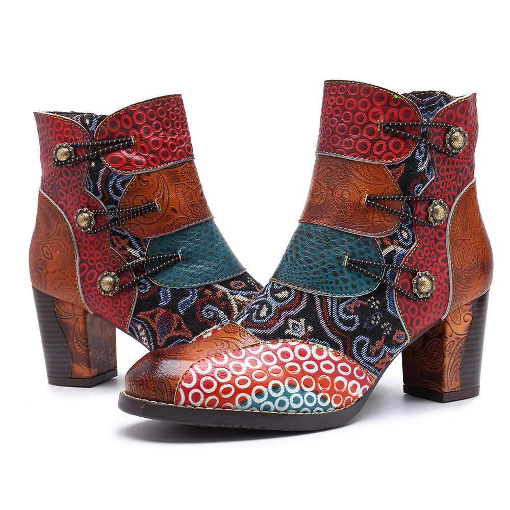 Timeless Leather Stitching Jacquard Craft Boots