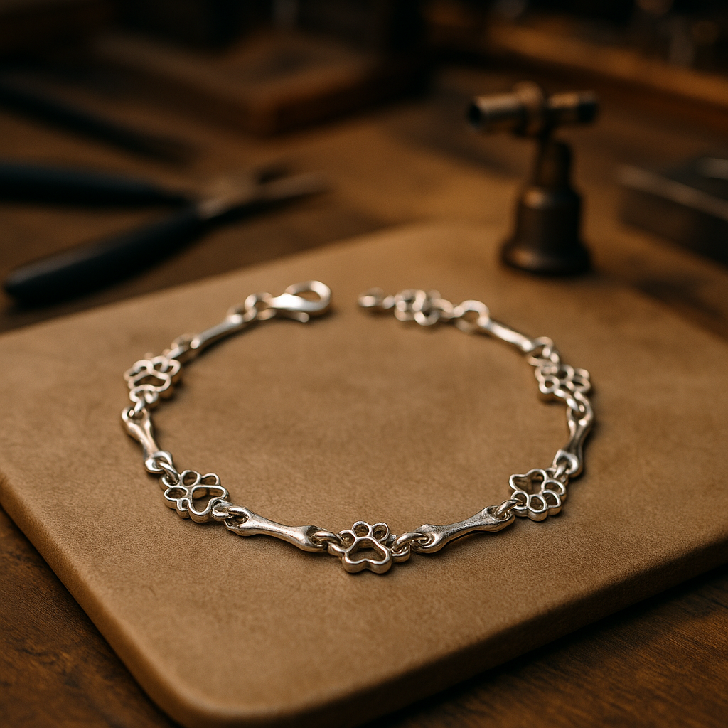 Pure Silver Dog Paw and Bone Charms Bracelet
