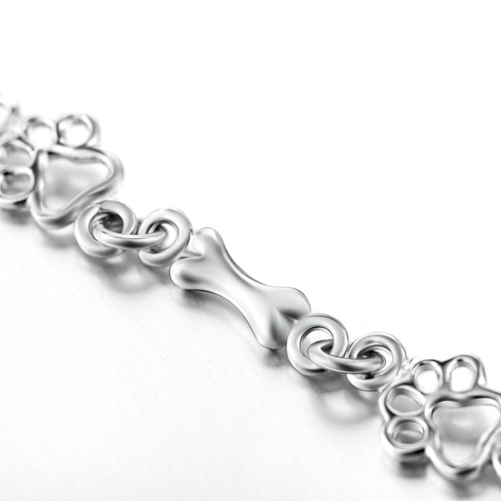 Pure Silver Dog Paw and Bone Charms Bracelet