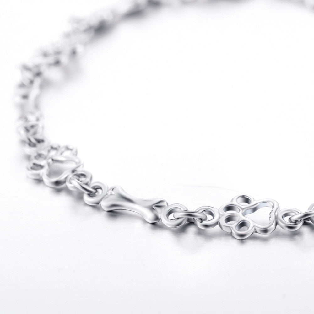 Pure Silver Dog Paw and Bone Charms Bracelet