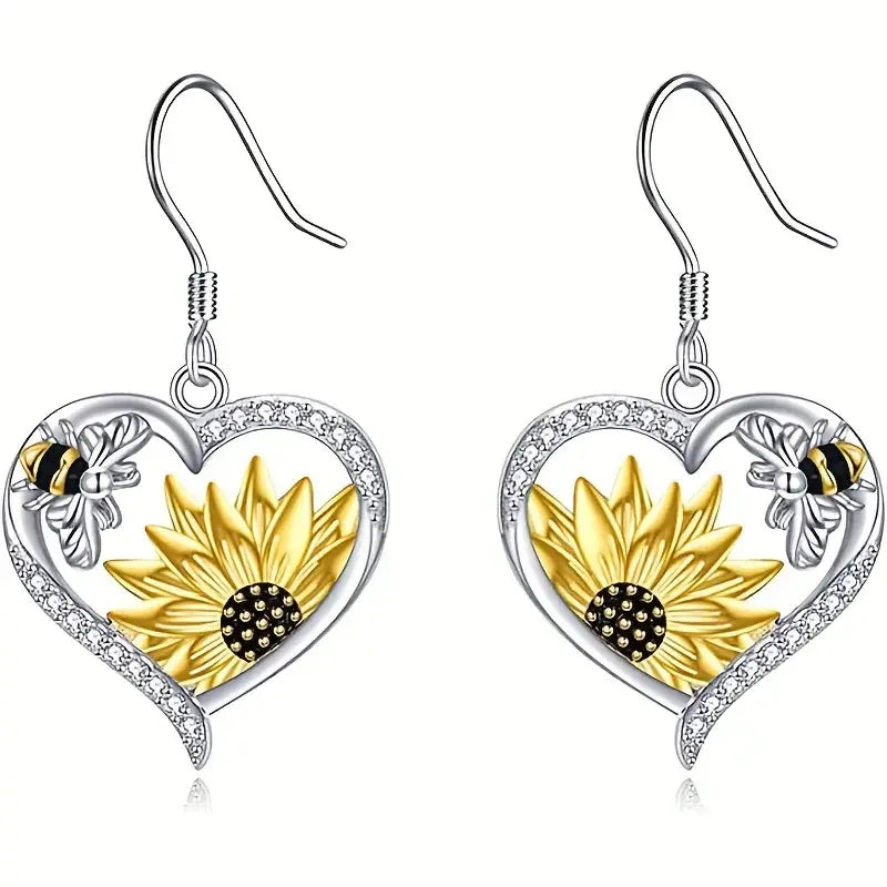 Boho Sunflower & Bee Heart Dangle Earrings