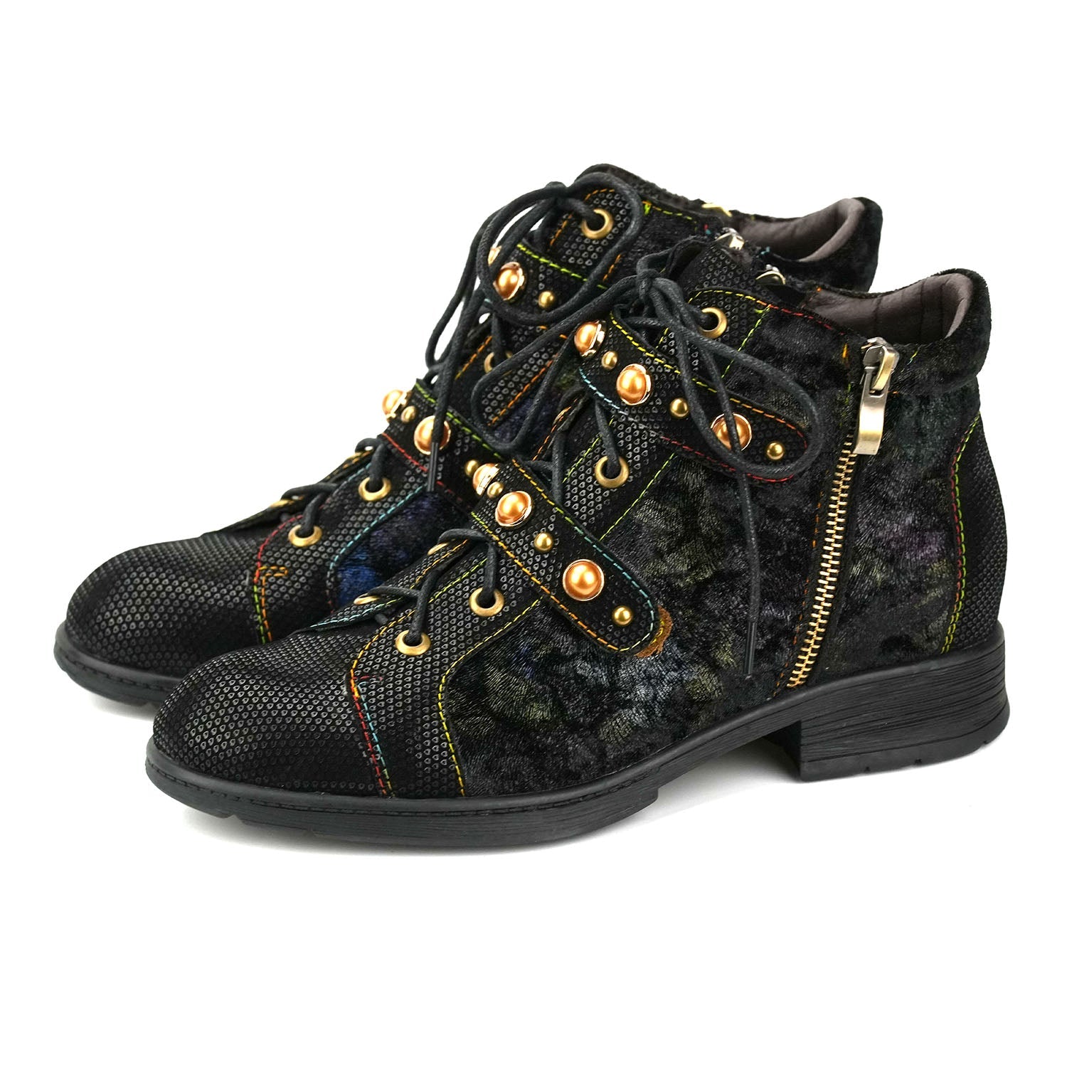 Retro Metallic Embossed Suede Ankle Boots