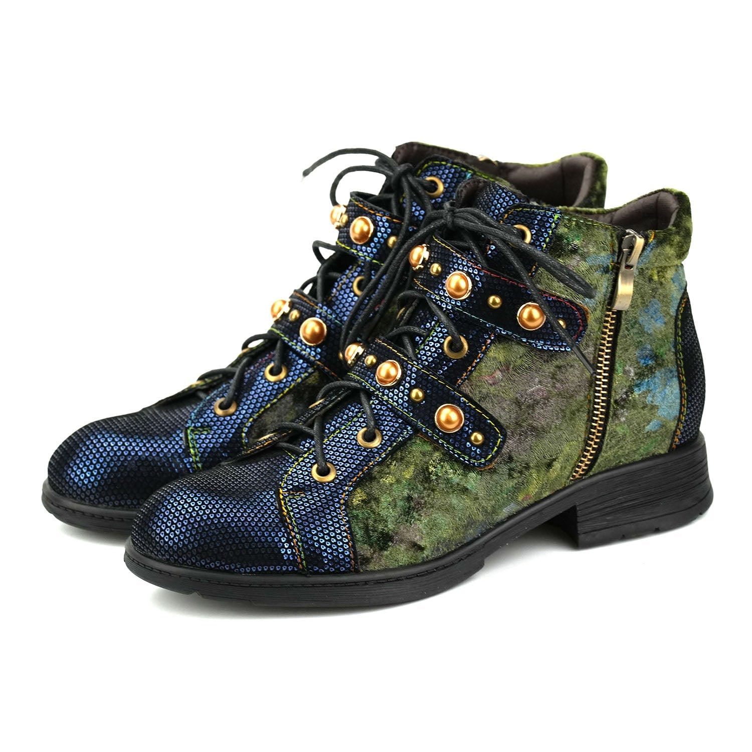 Retro Metallic Embossed Suede Ankle Boots
