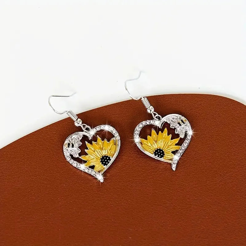 Boho Sunflower & Bee Heart Dangle Earrings