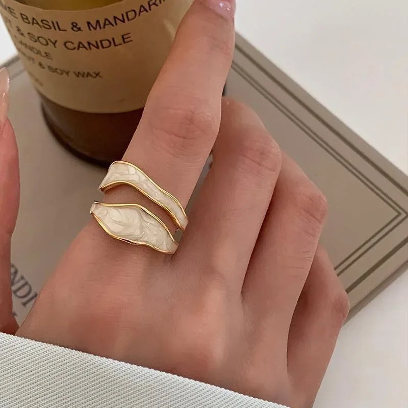 Retro White Enamel Geometric Adjustable Ring