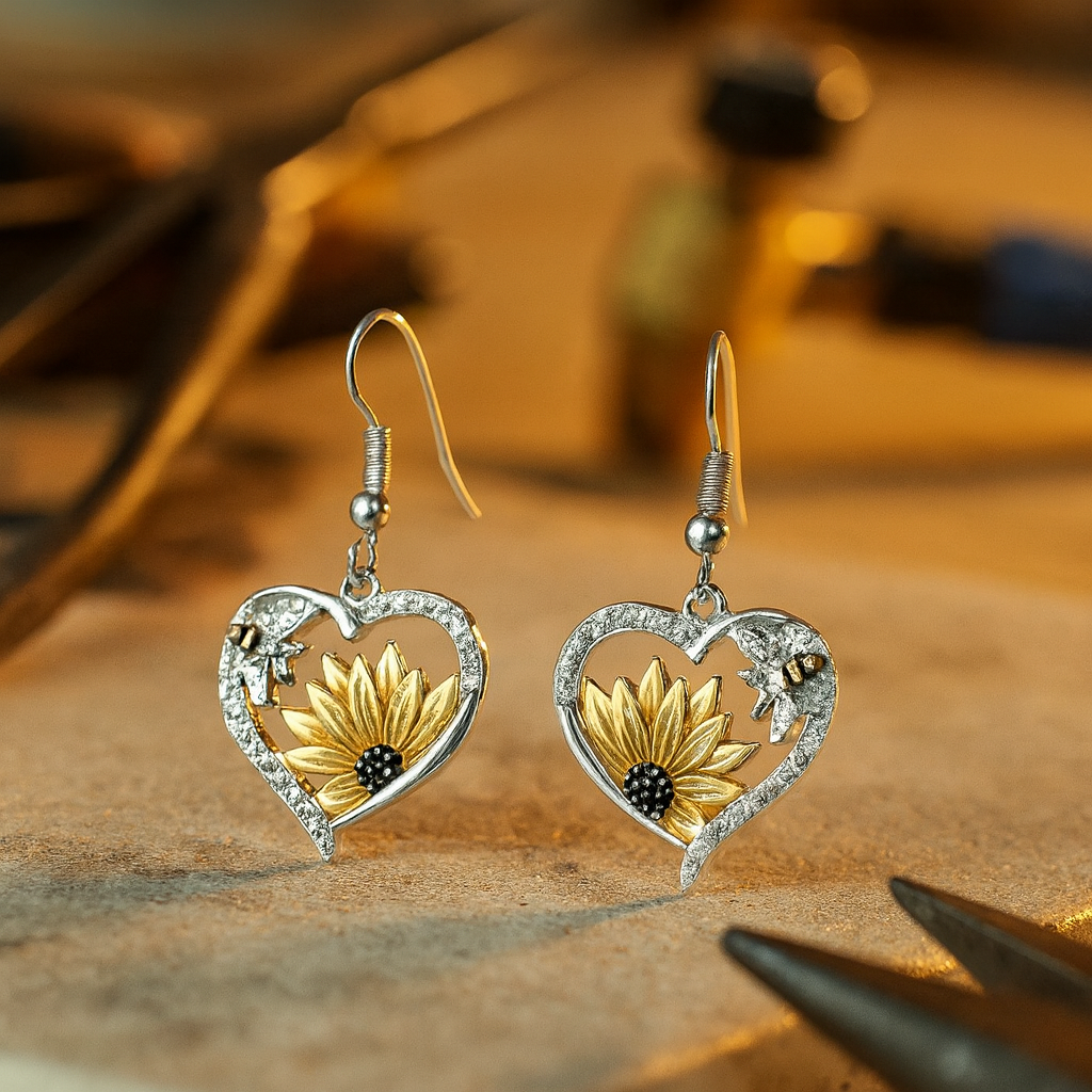 Boho Sunflower & Bee Heart Dangle Earrings