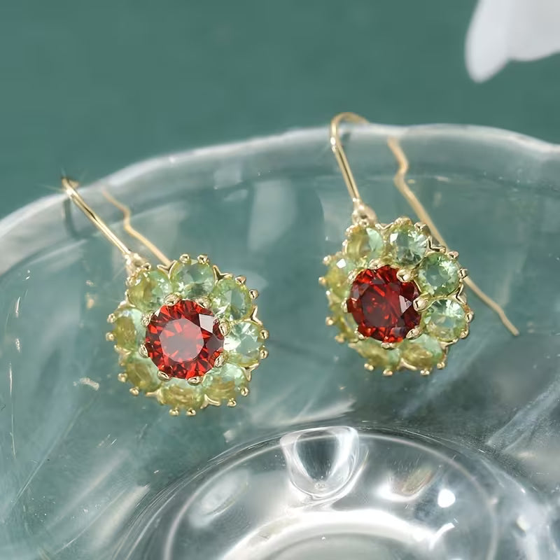 Retro Round Crystal Earrings in Green and Red