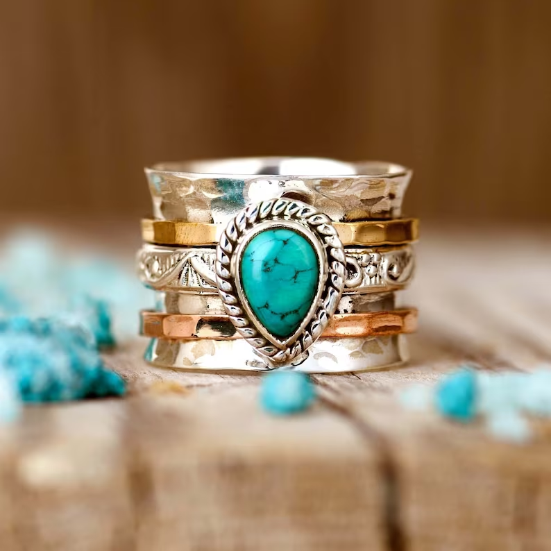 Vintage Turquoise Inlaid Gold Silver Ring
