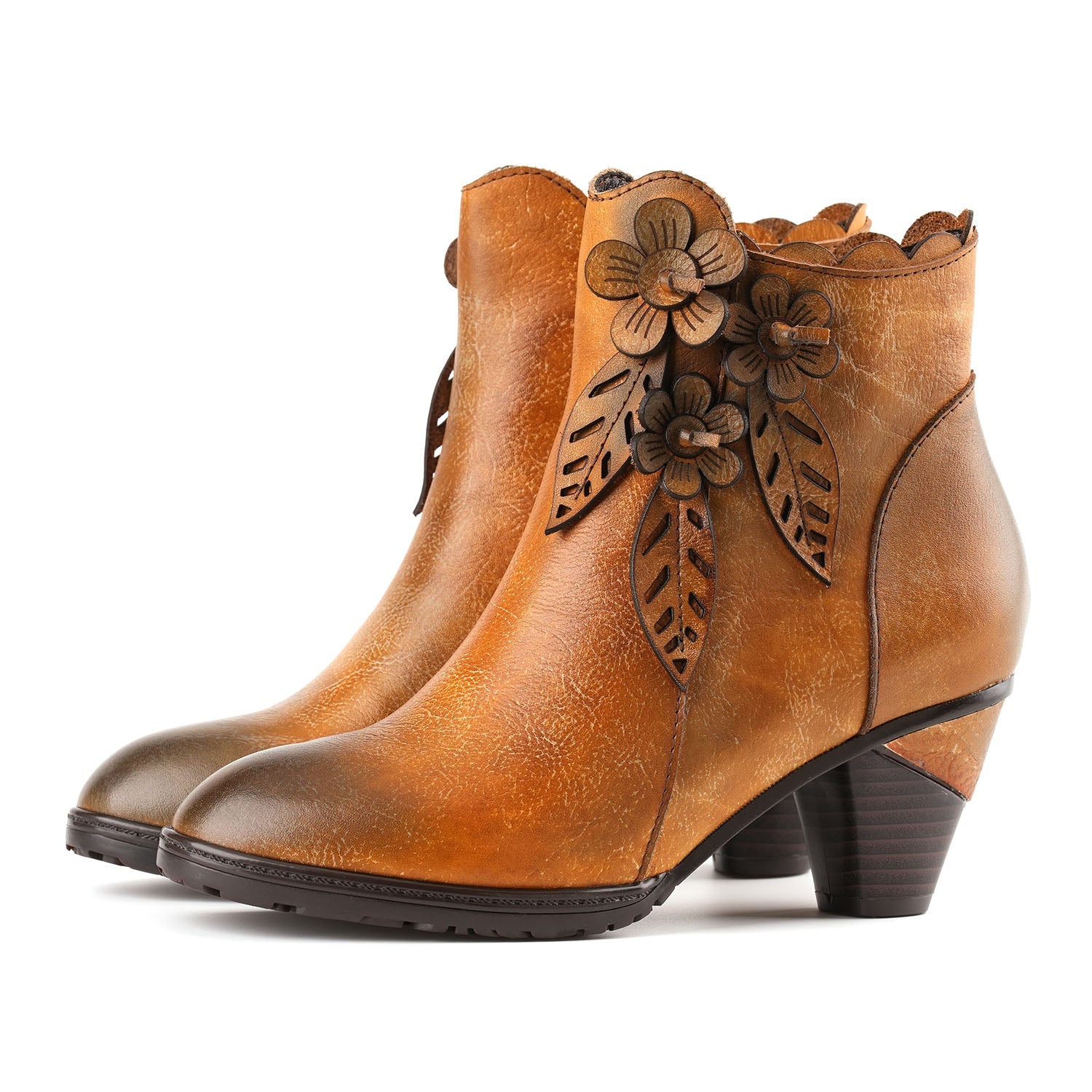 Retro Floral Leather Solid Color Ankle Boots