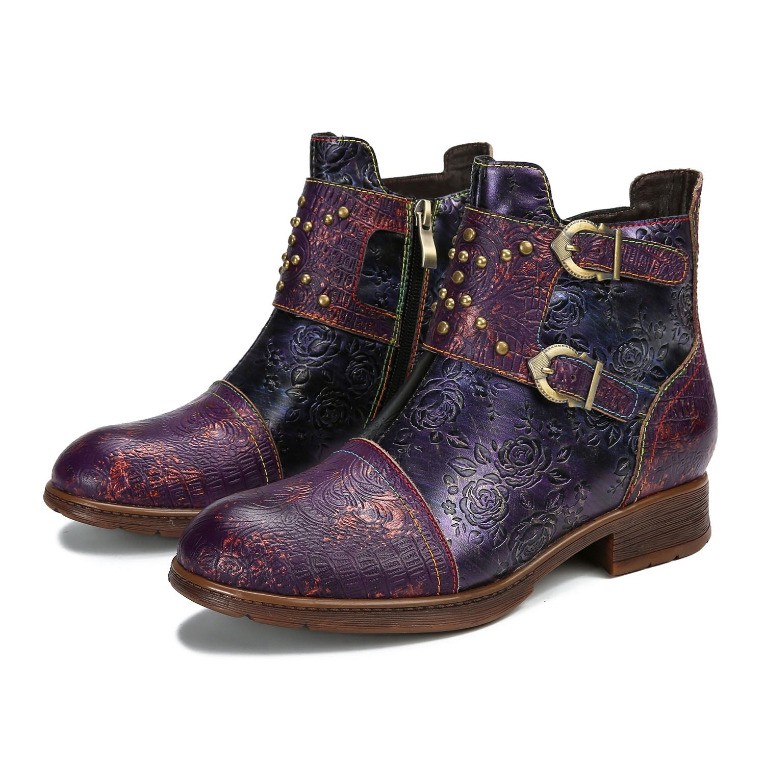 Retro Embossed Rose Flat Boots