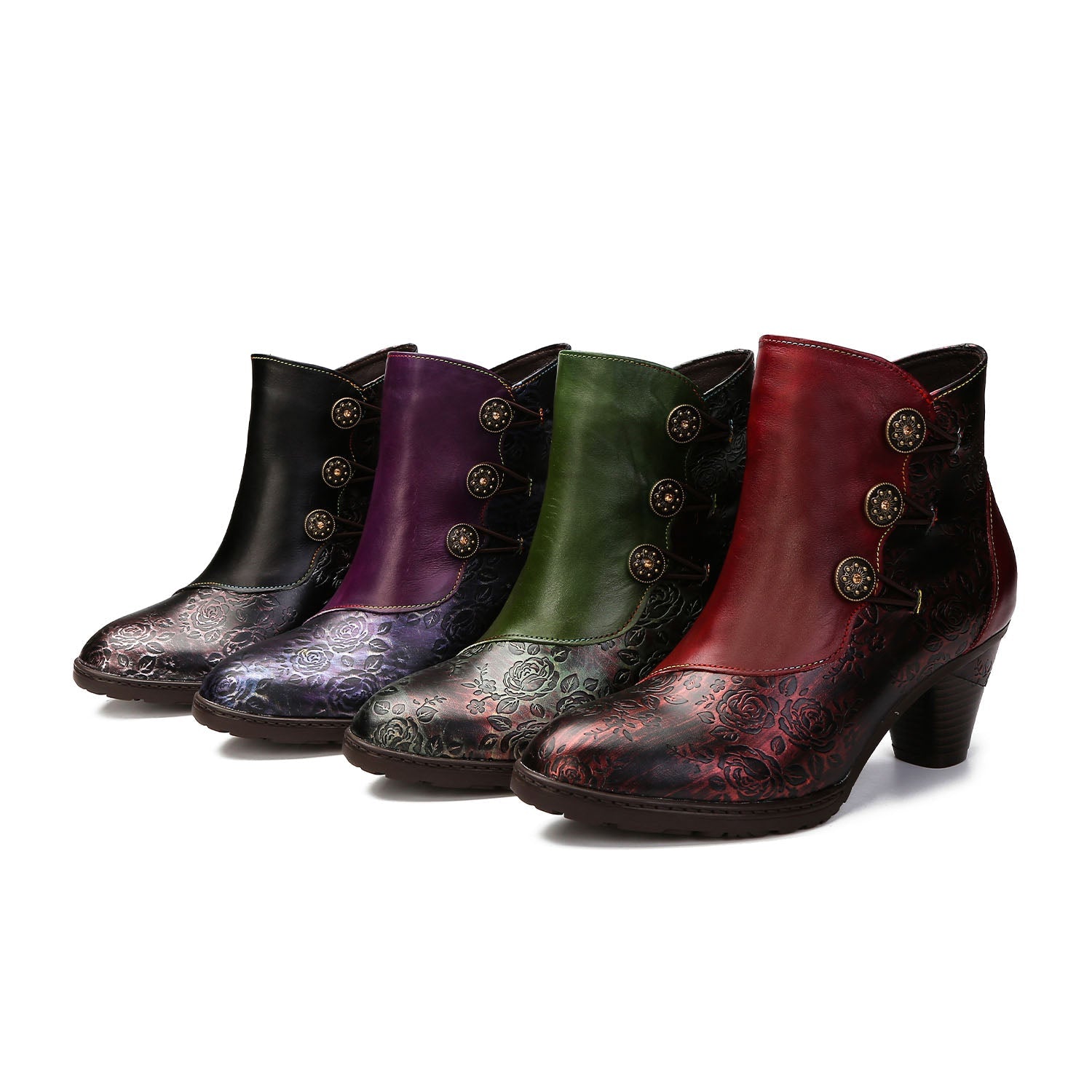Retro Floral Stitching Button Boots