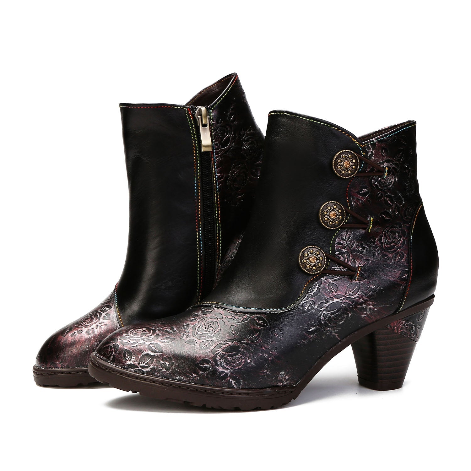 Retro Floral Stitching Button Boots