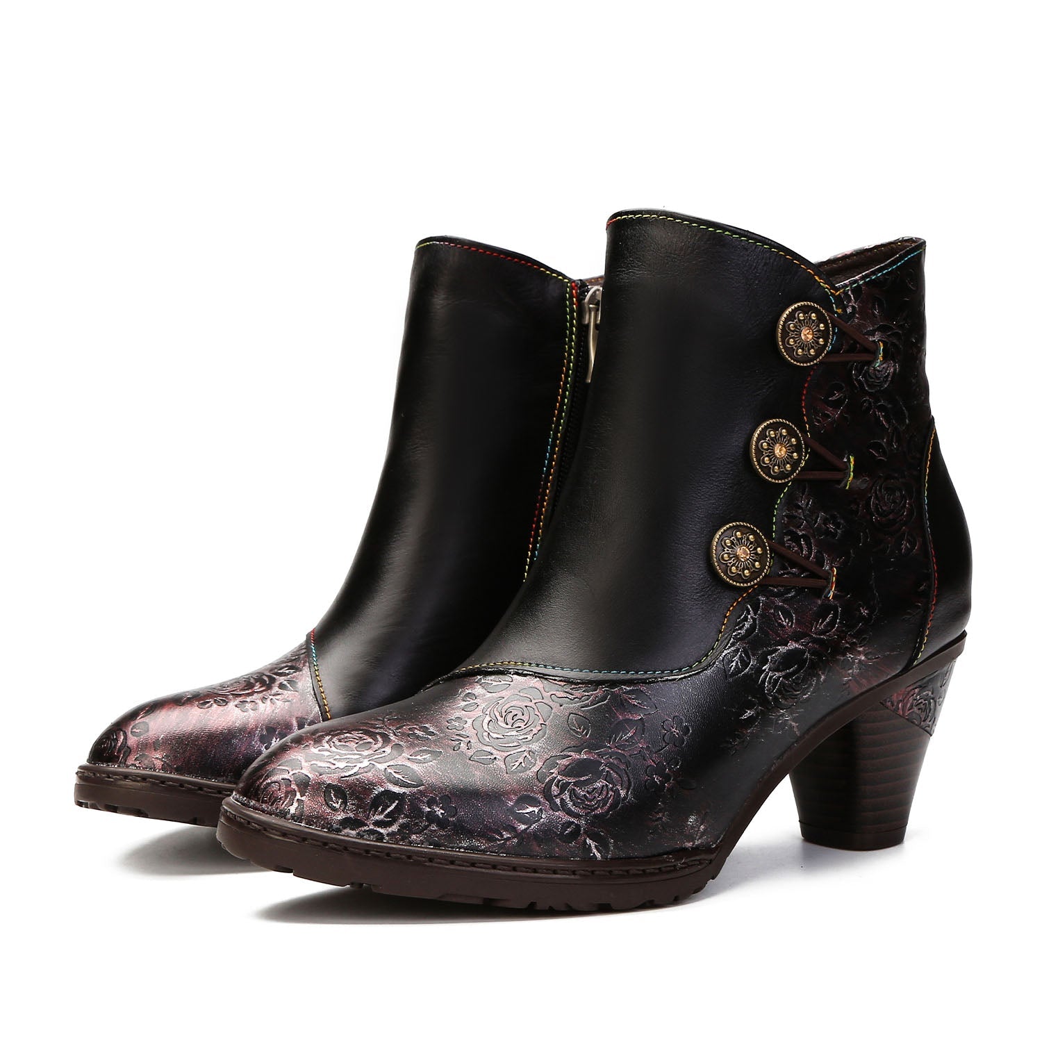 Retro Floral Stitching Button Boots