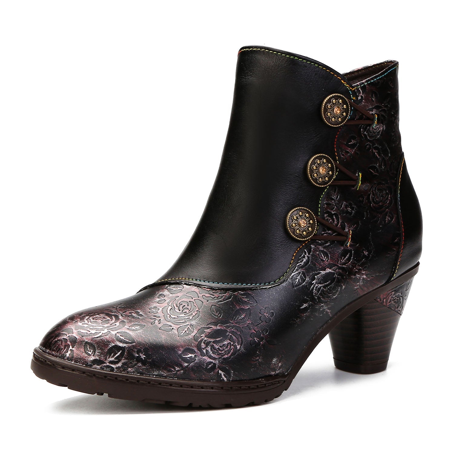 Retro Floral Stitching Button Boots