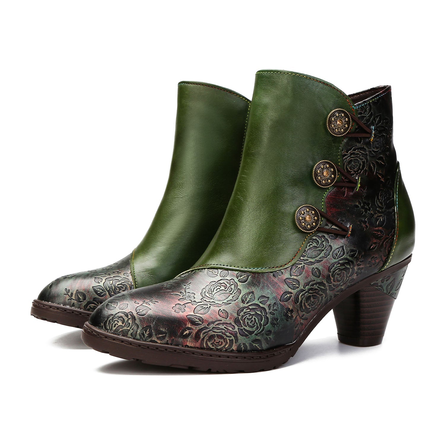 Retro Floral Stitching Button Boots