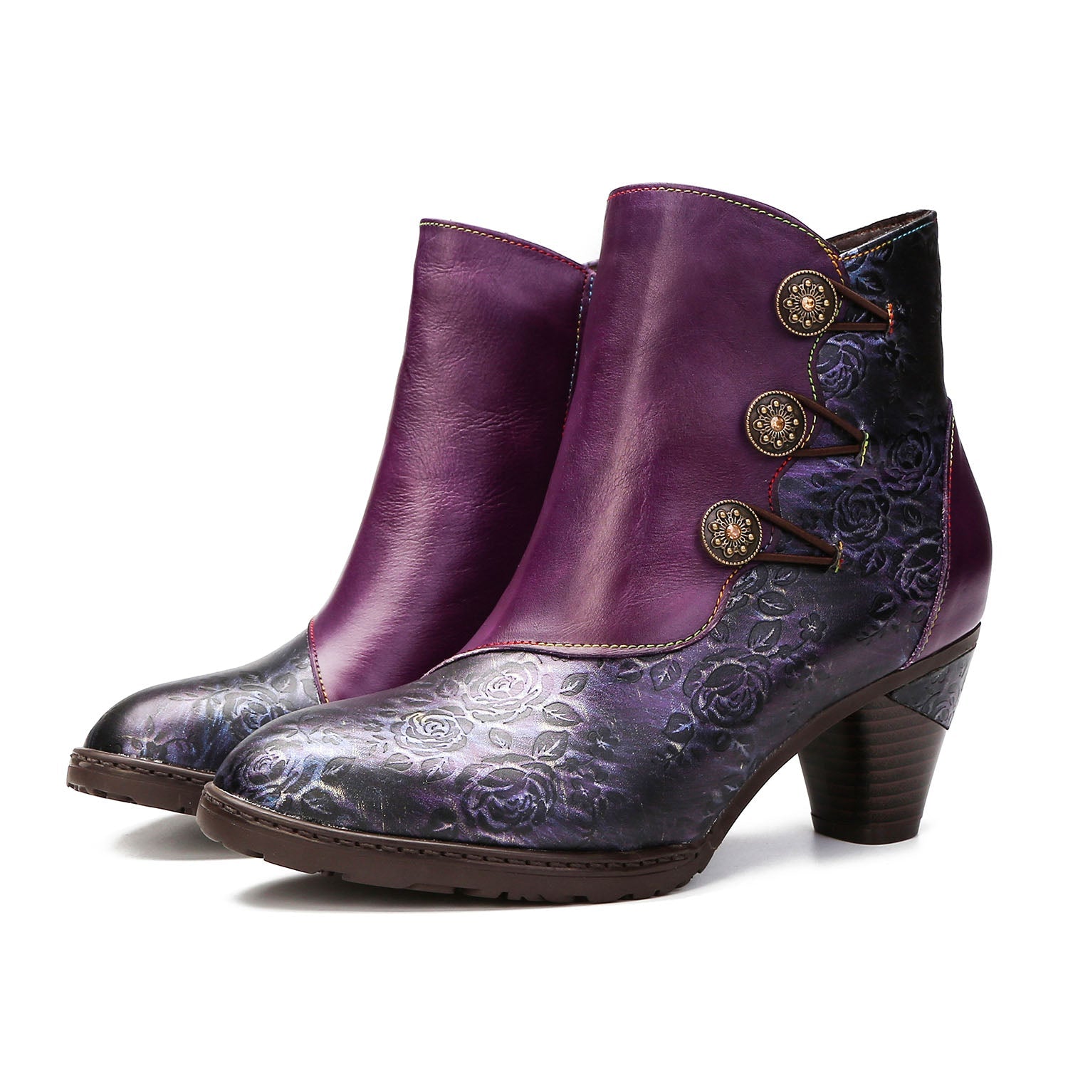 Retro Floral Stitching Button Boots