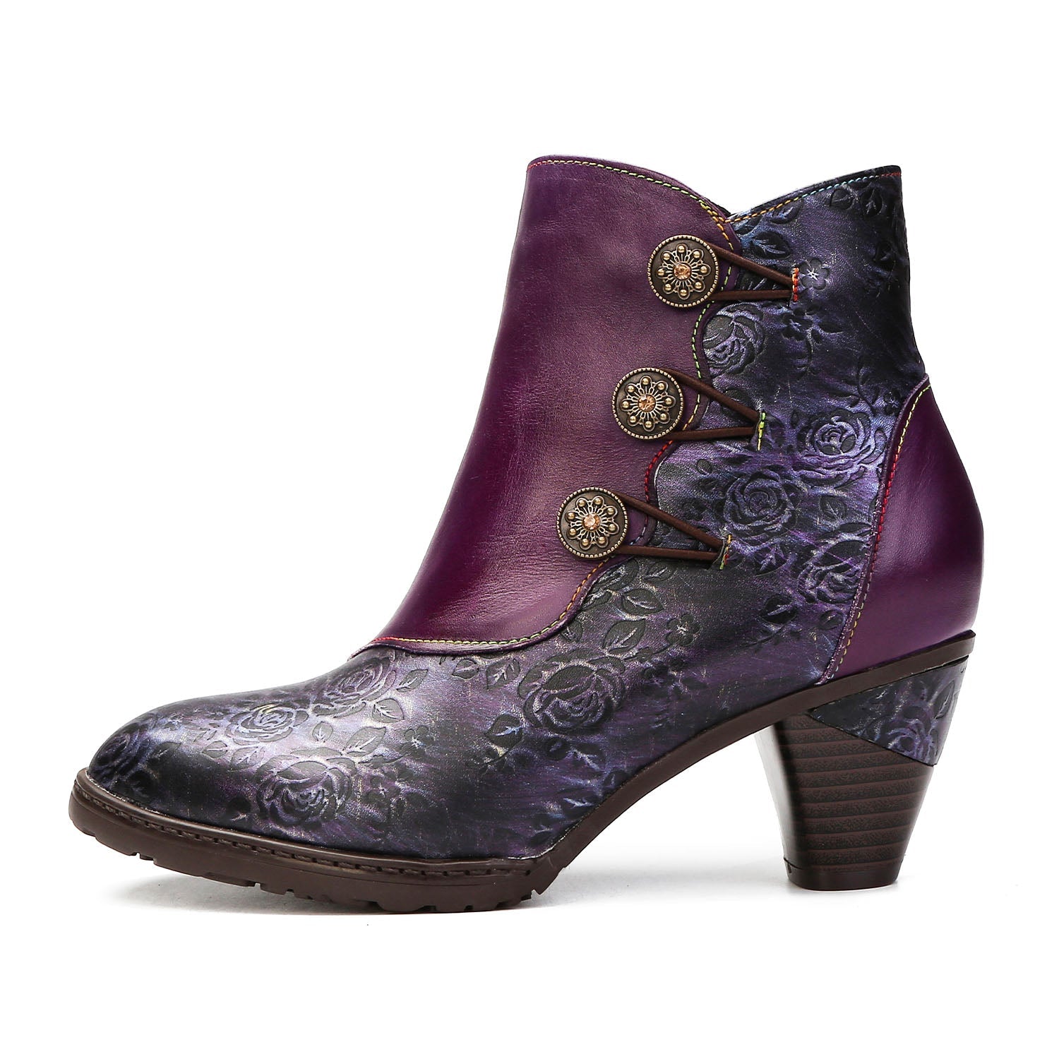Retro Floral Stitching Button Boots