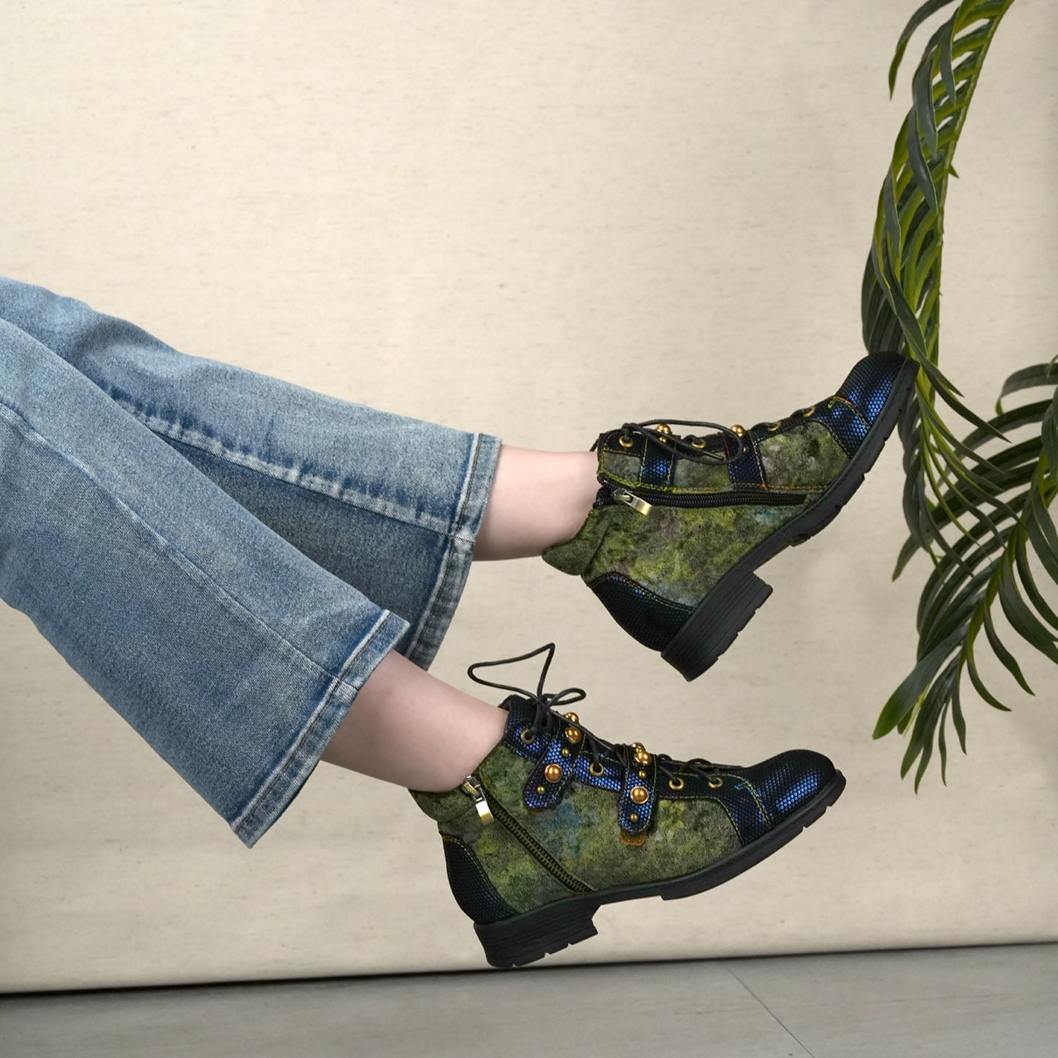 Retro Metallic Embossed Suede Ankle Boots