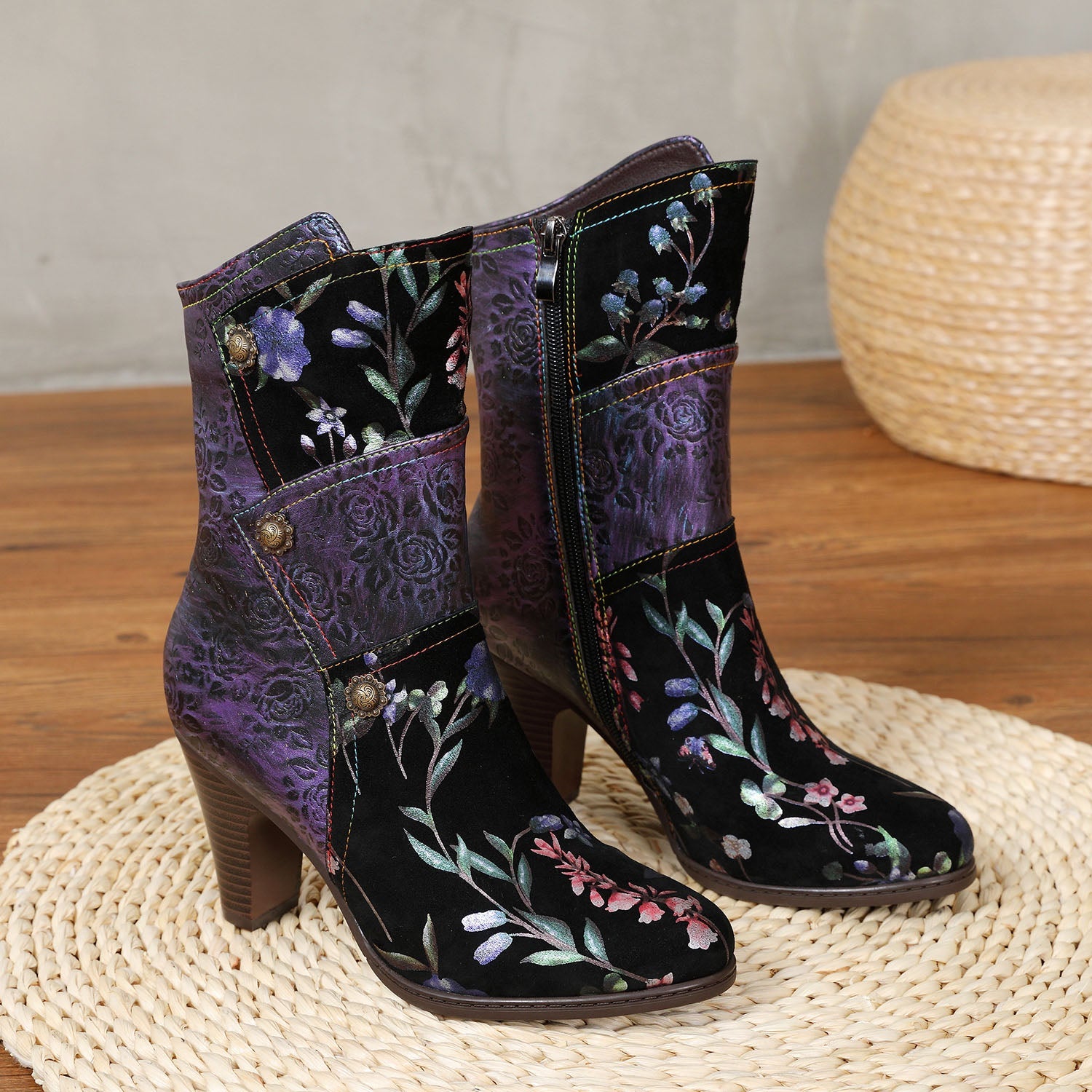 Painted Leather High Heel Boots