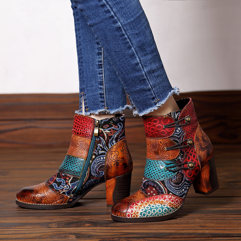 Timeless Leather Stitching Jacquard Craft Boots