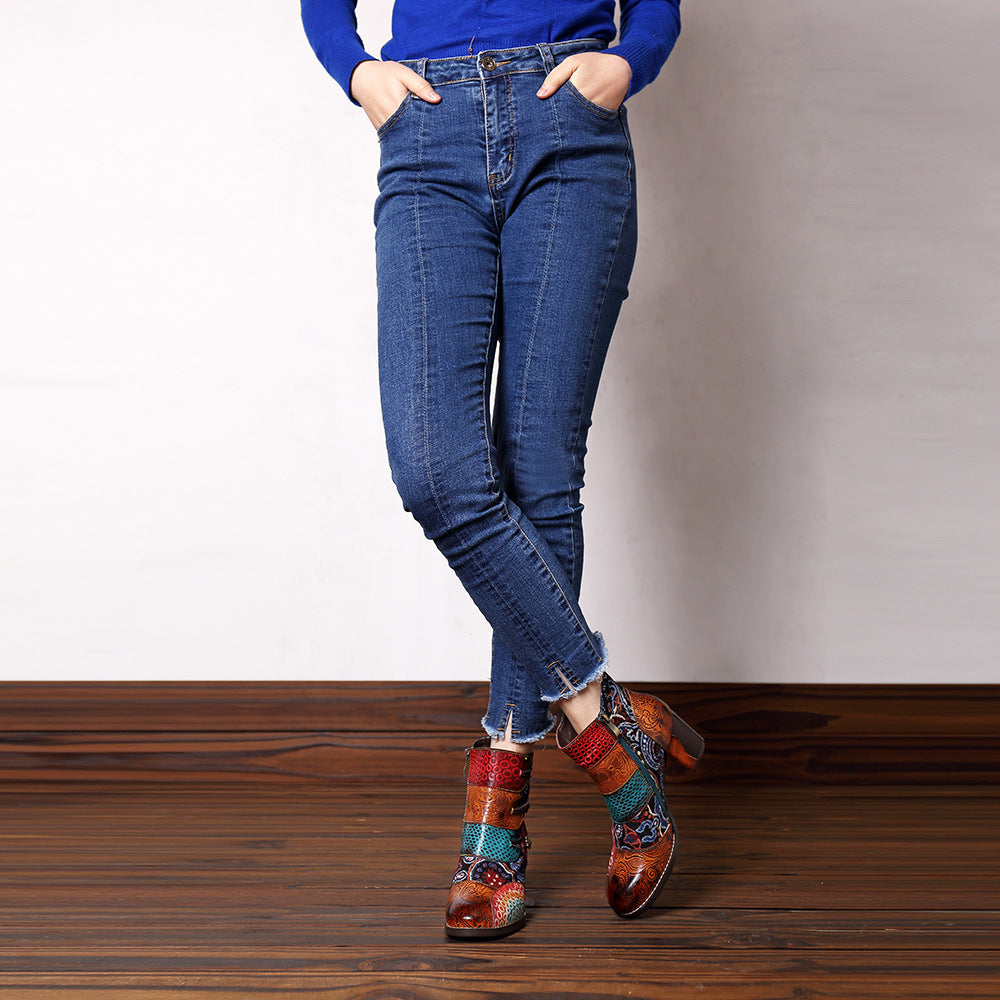 Timeless Leather Stitching Jacquard Craft Boots