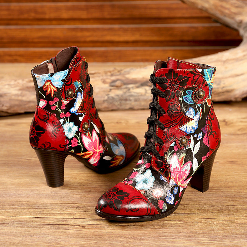 Leather Hand Embossed Adjustable High Heel Boots