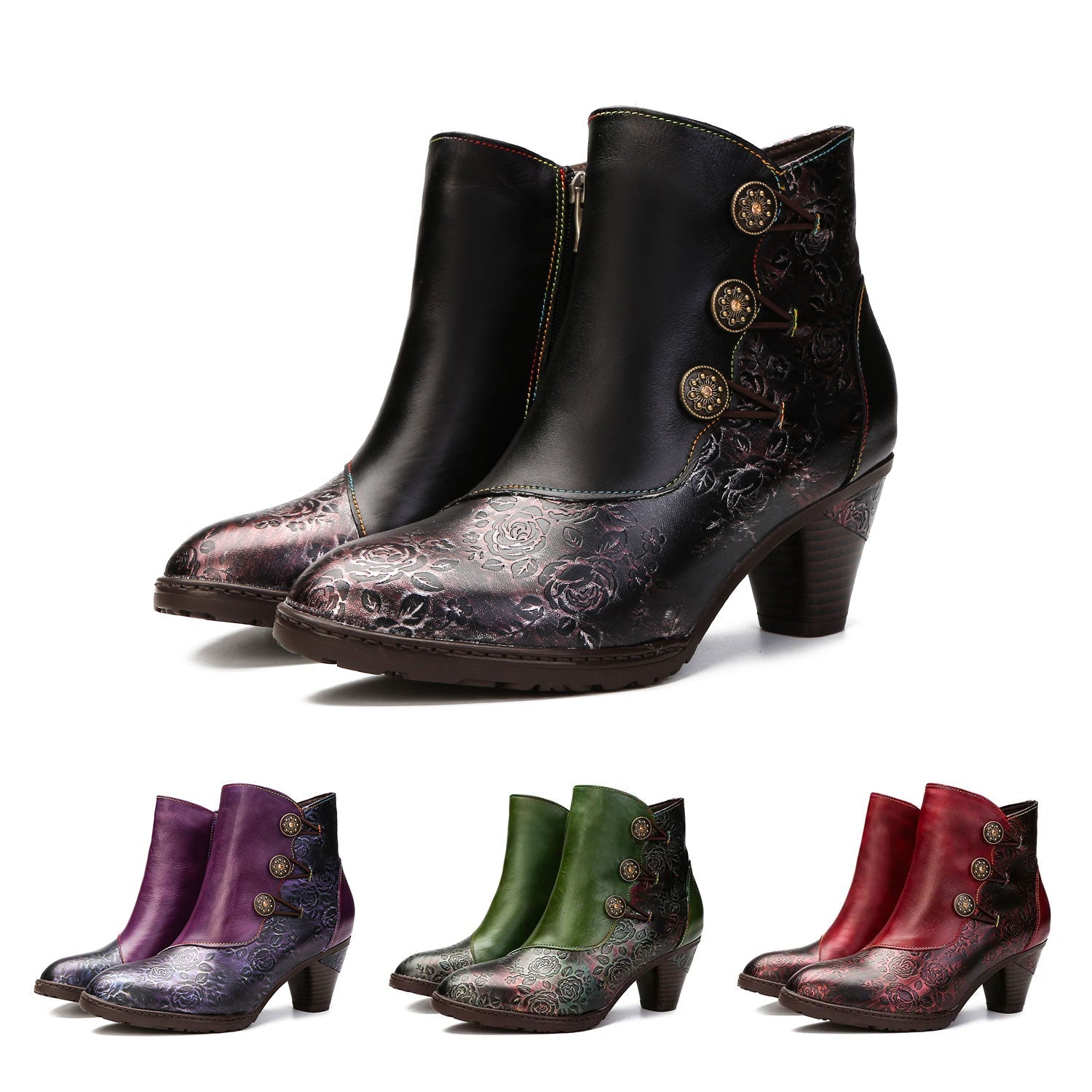 Retro Floral Stitching Button Boots