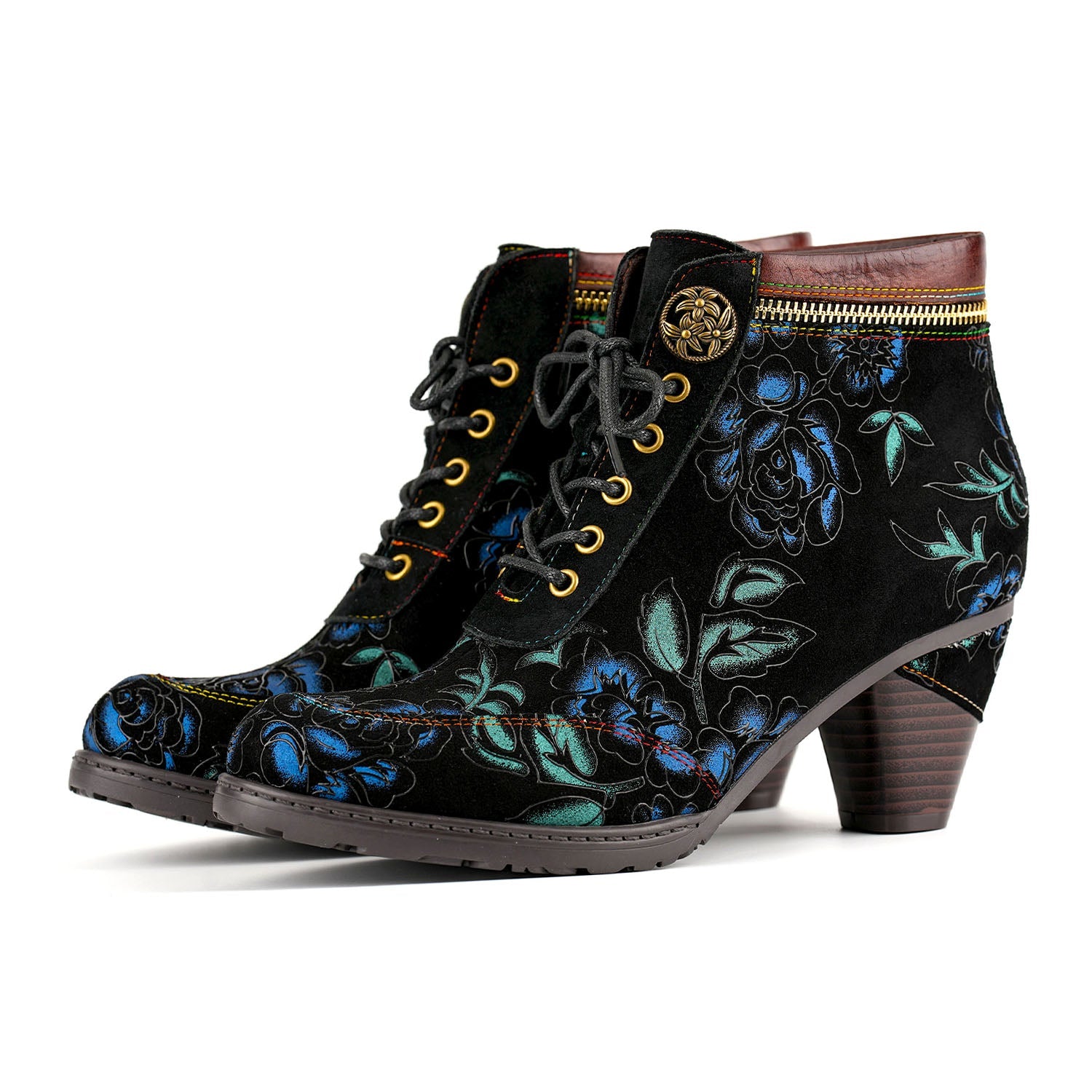 Retro Nocturne Blossom Ankle Boots