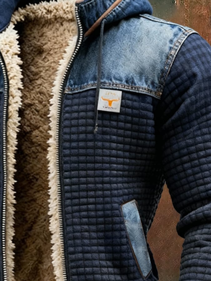 Olivier | Navy Quilted Jacket with Denim Details