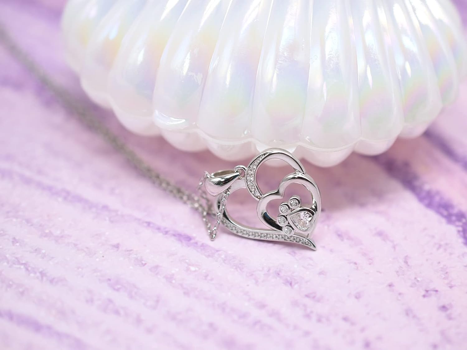 Silver Paw & Heart Necklace with Zirconia