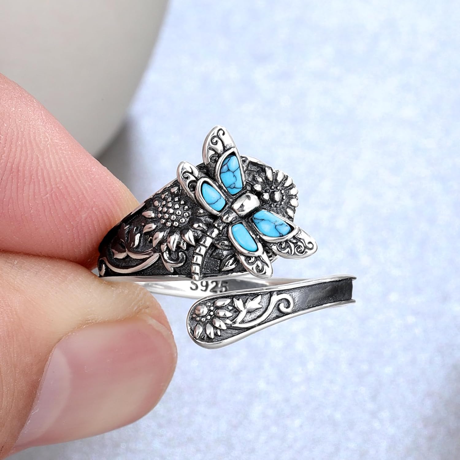 Silver Turquoise Spoon Ring – Boho Wrap Ring with Dragonfly