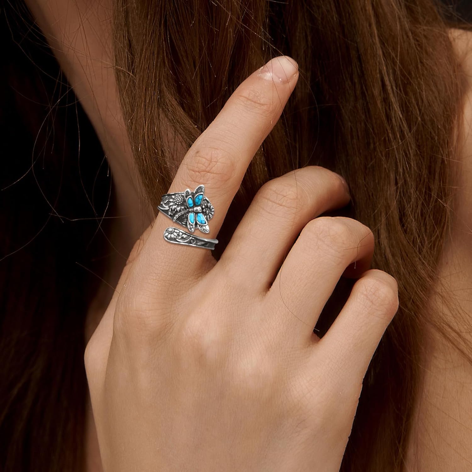 Silver Turquoise Spoon Ring – Boho Wrap Ring with Dragonfly