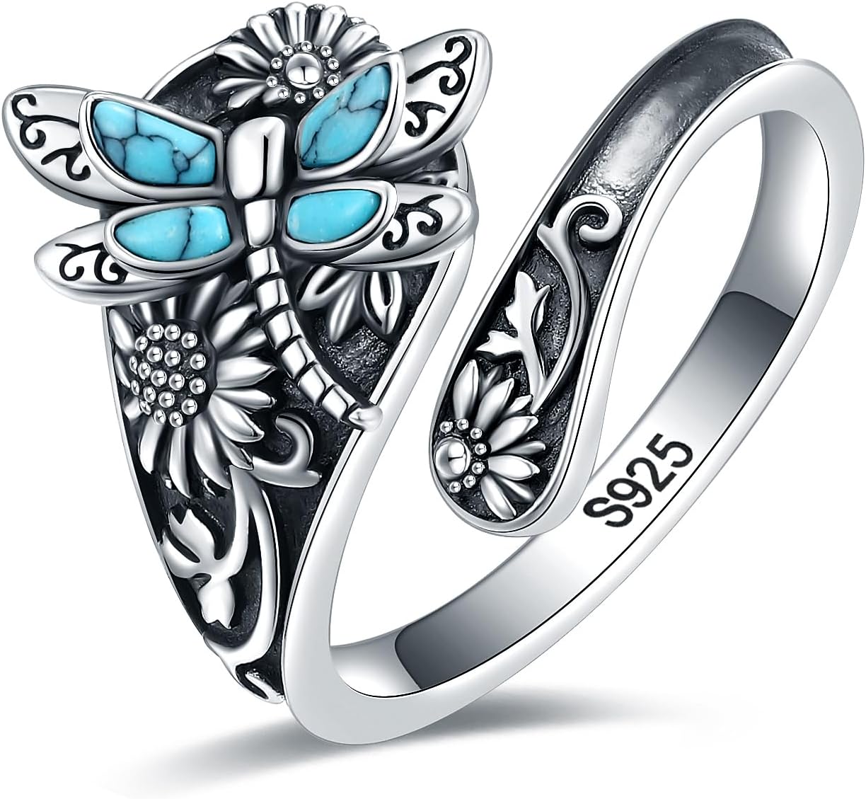 Silver Turquoise Spoon Ring – Boho Wrap Ring with Dragonfly