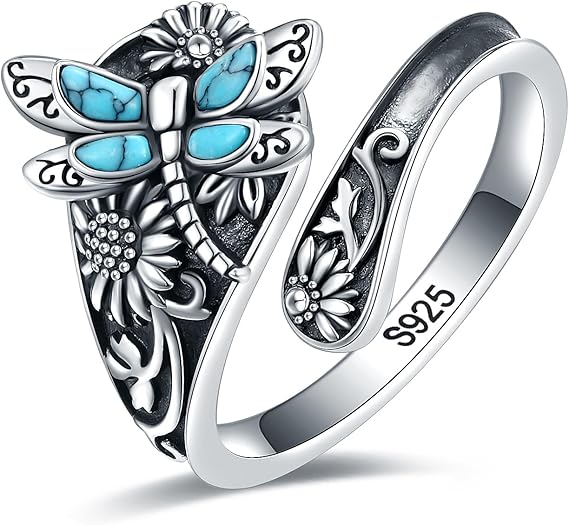 Silver Turquoise Spoon Ring – Boho Wrap Ring with Dragonfly