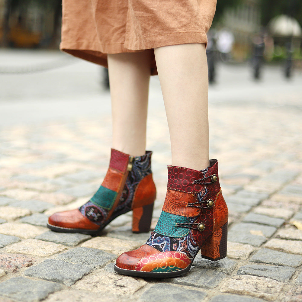Timeless Leather Stitching Jacquard Craft Boots
