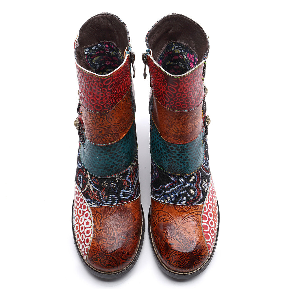 Timeless Leather Stitching Jacquard Craft Boots