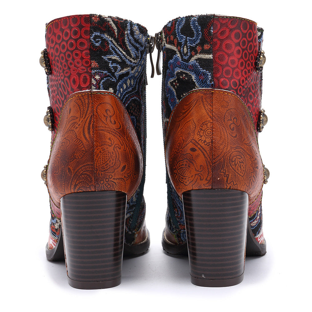 Timeless Leather Stitching Jacquard Craft Boots