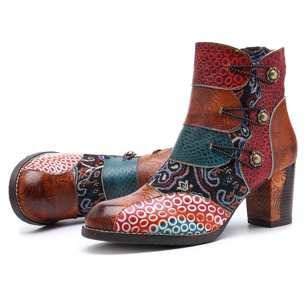 Timeless Leather Stitching Jacquard Craft Boots