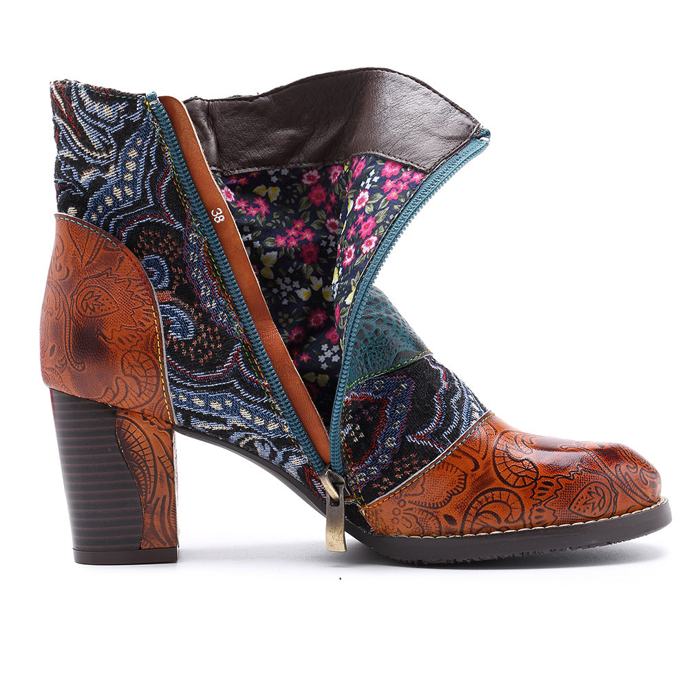 Timeless Leather Stitching Jacquard Craft Boots
