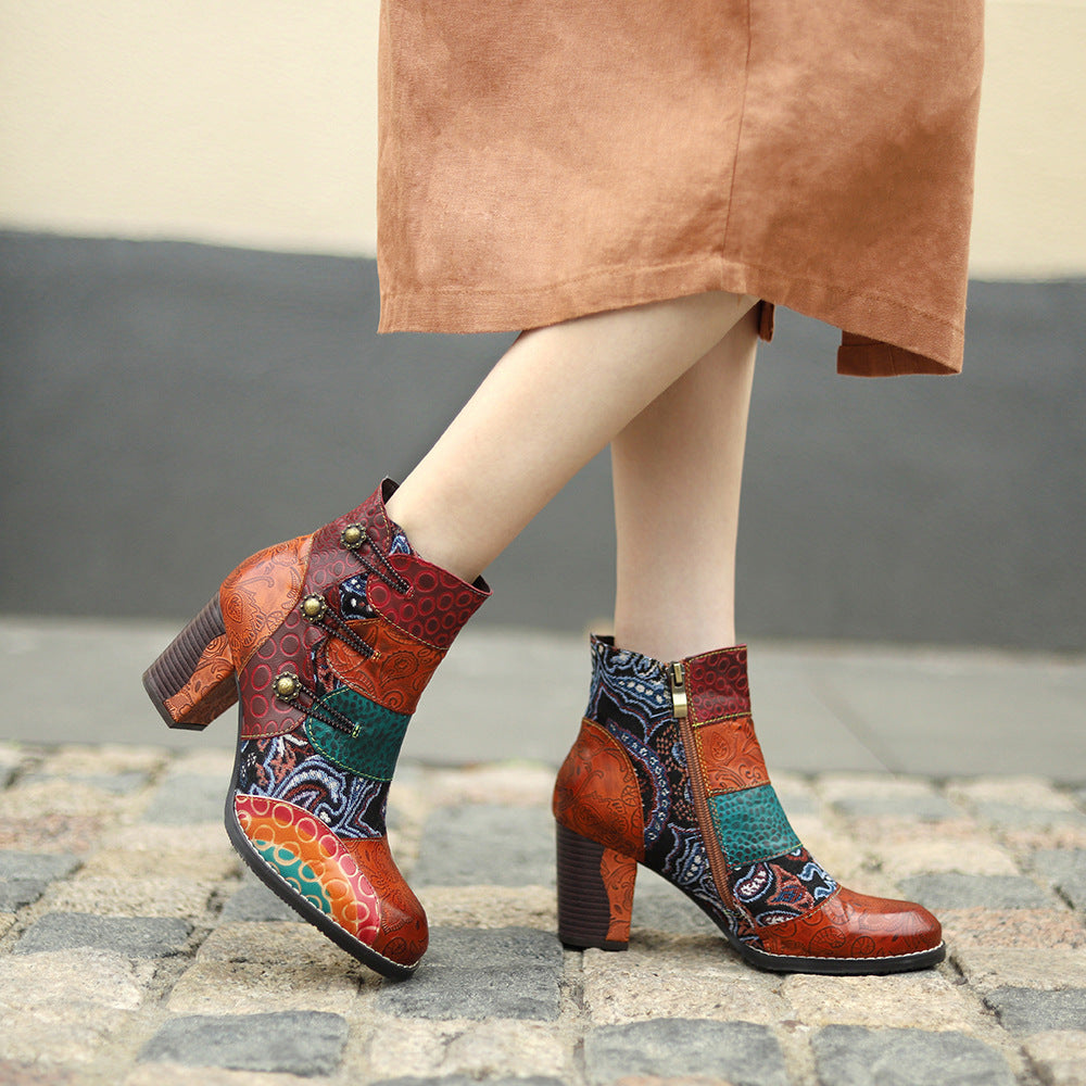 Timeless Leather Stitching Jacquard Craft Boots