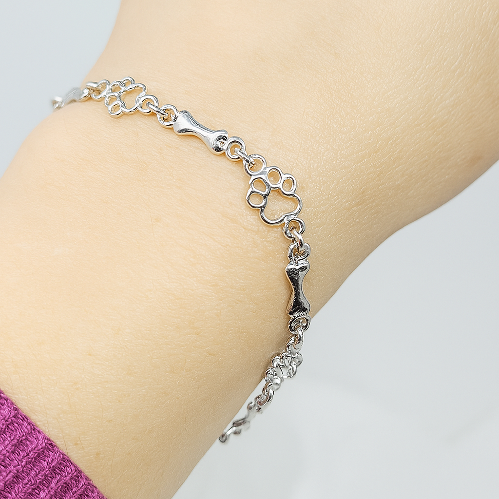 Pure Silver Dog Paw and Bone Charms Bracelet