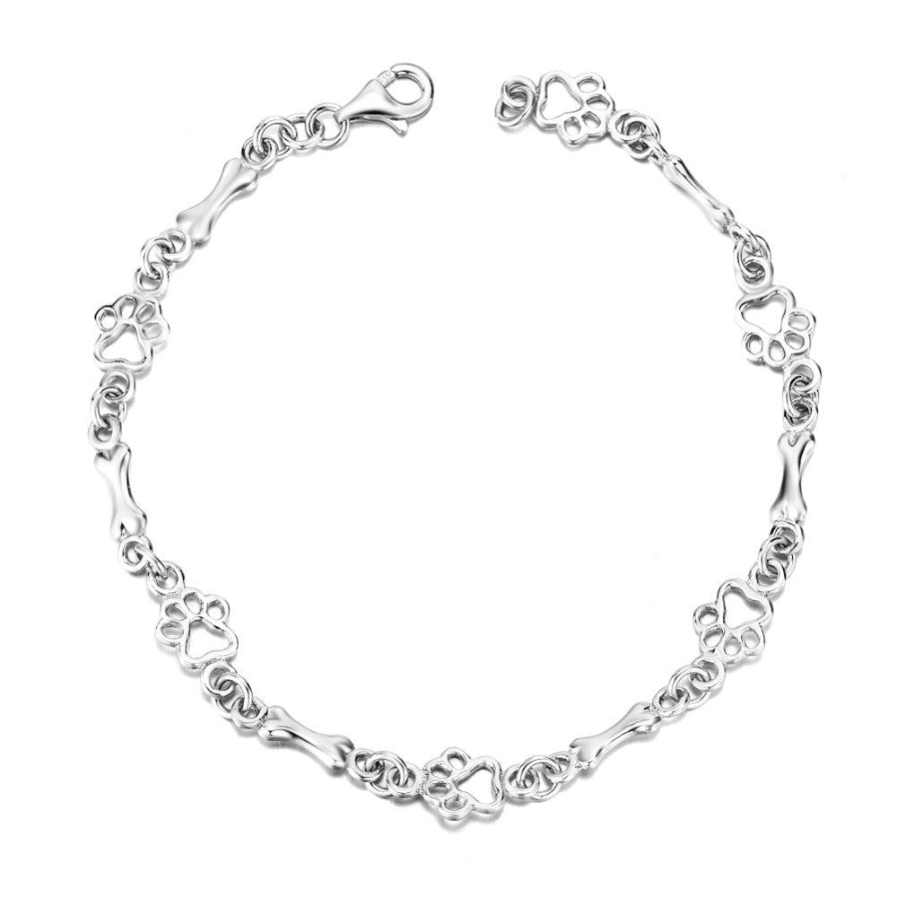 Pure Silver Dog Paw and Bone Charms Bracelet