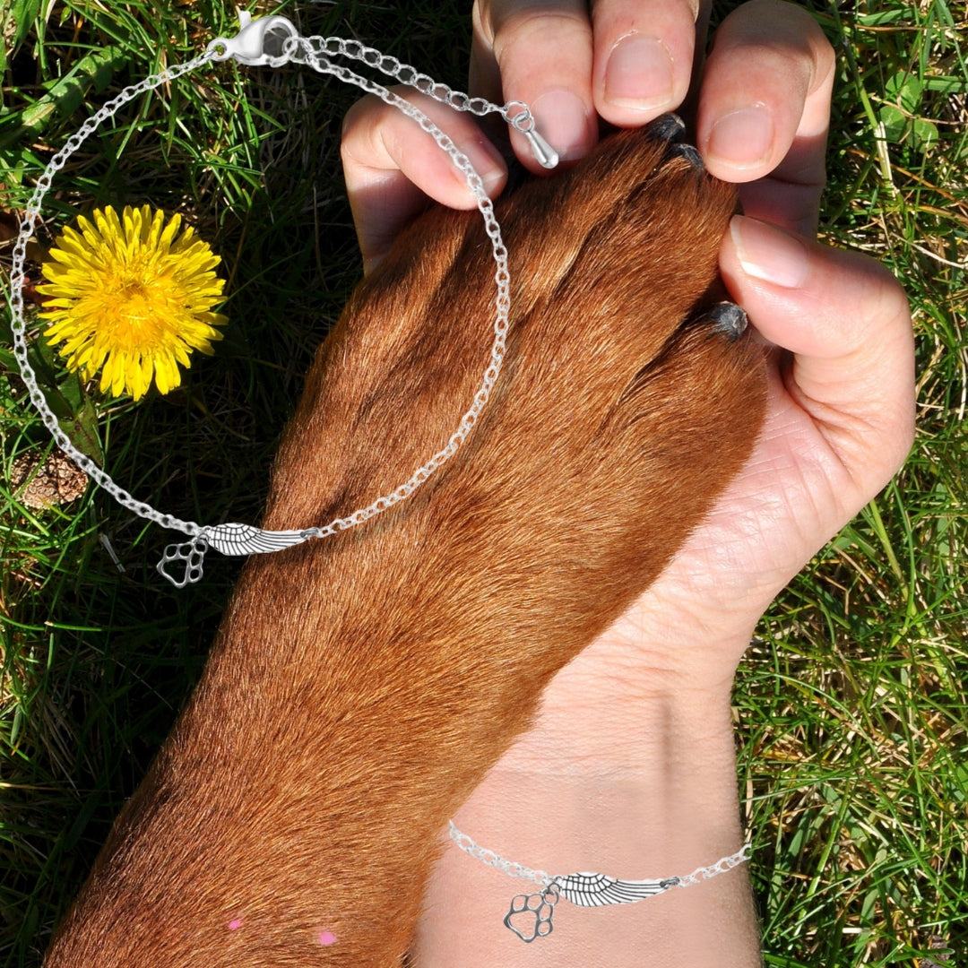 Silver Memorial Bracelet with Angel Wing & Paw Print