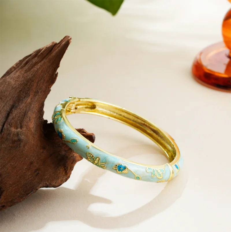 Vintage Floral Cloisonné Open Bangle